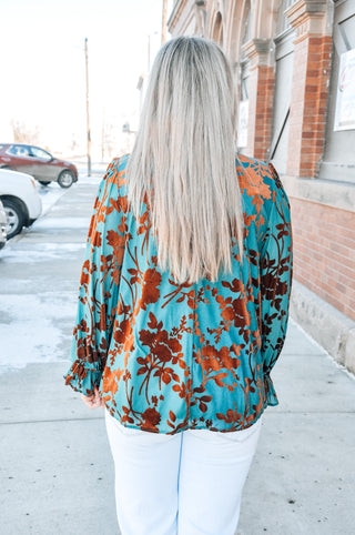 Copper Flocked Teal LS Blouse