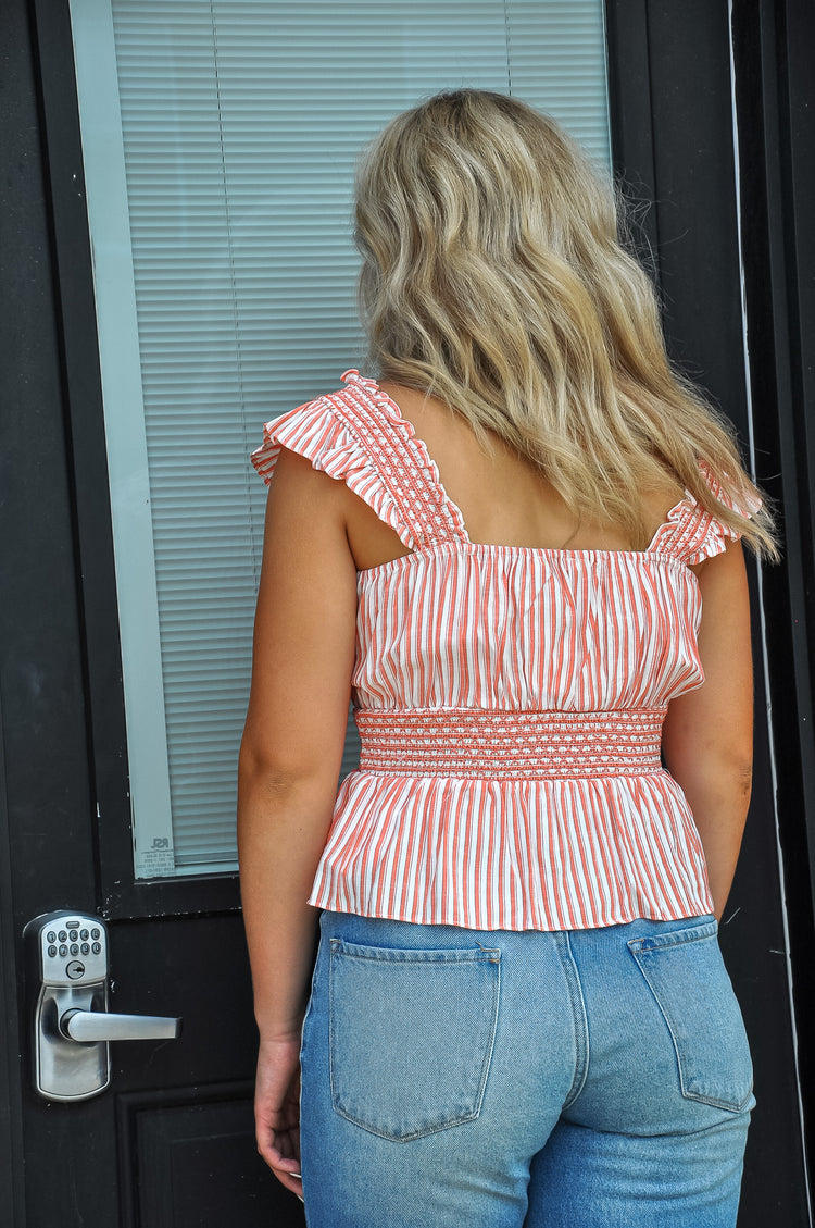 The Coral Red Striped Girly Top