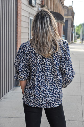Corduroy Floral Print V-Neck Puff Sleeve Blouse