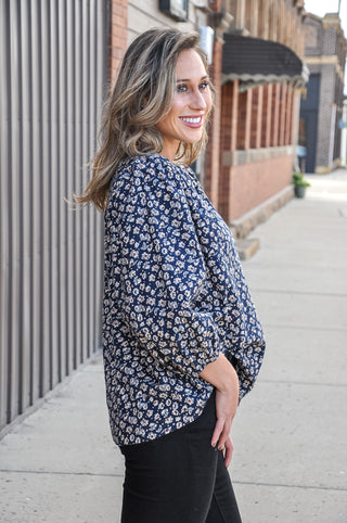 Corduroy Floral Print V-Neck Puff Sleeve Blouse