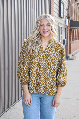 Corduroy Floral Print V-Neck Puff Sleeve Blouse
