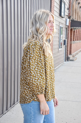 Corduroy Floral Print V-Neck Puff Sleeve Blouse