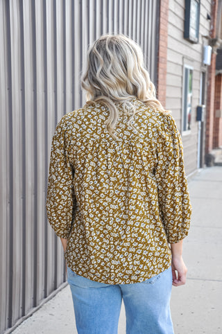 Corduroy Floral Print V-Neck Puff Sleeve Blouse