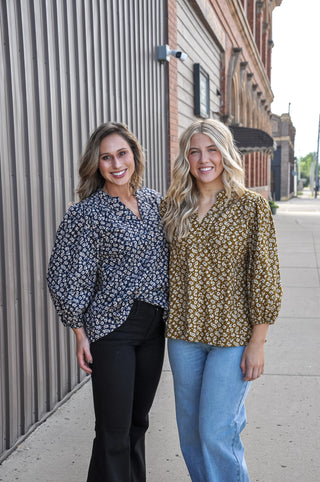 Corduroy Floral Print V-Neck Puff Sleeve Blouse