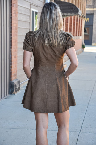 Corduroy Puff Sleeve Zip-Up Mini Dress