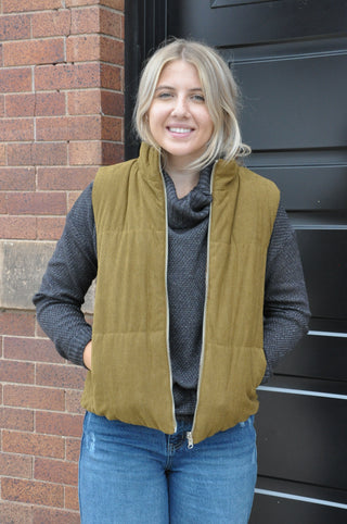 Corduroy & Plaid Reversible Puffer Vest
