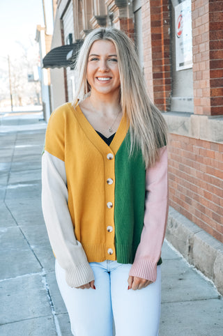 Cotton Button Front Colorblock Sweater