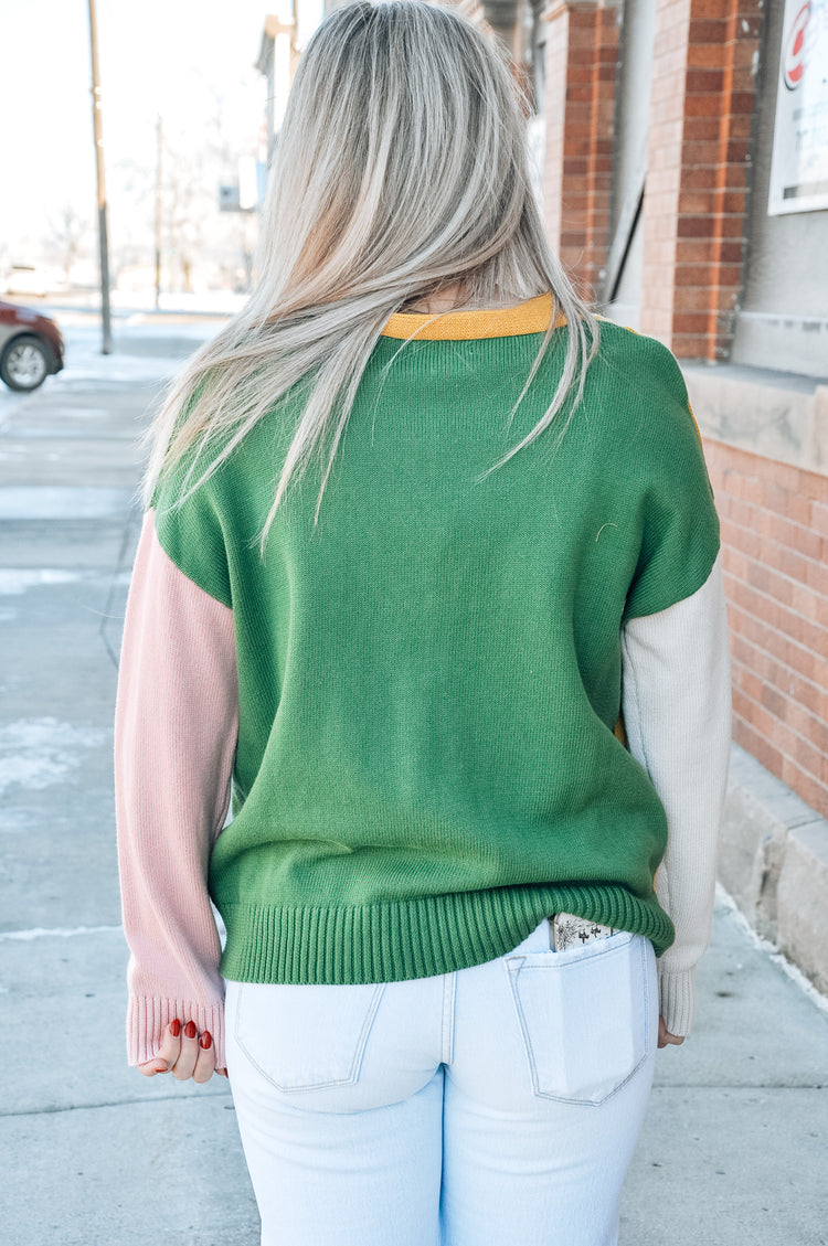 Cotton Button Front Colorblock Sweater