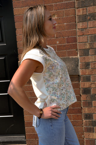 Cotton Twill Floral Terry Mix Muscle Top