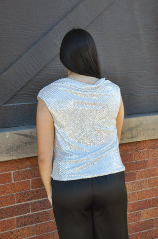 Cowl Neck Silver Sequin Top