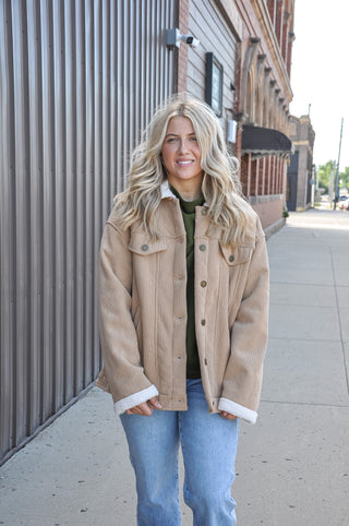 Cozy Taupe Corduroy Sherpa Collar Jacket