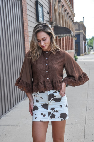Cream Cow Print Denim Mini Skirt w/Pockets