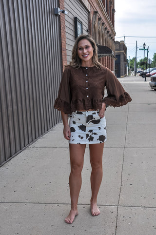 Cream Cow Print Denim Mini Skirt w/Pockets