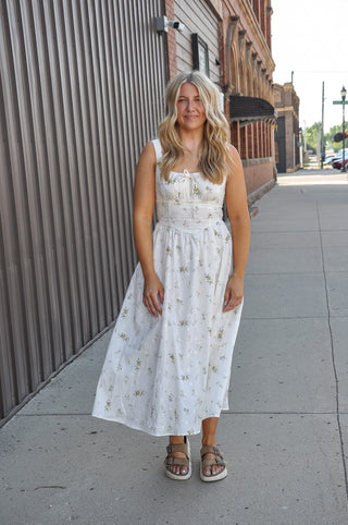 Cream Floral Eyelet Corset Midi Dress
