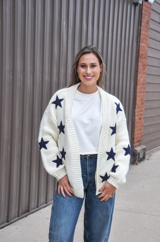 Cream Sweater with Navy Star Cardigan
