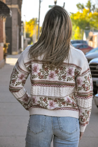 Cream Vintage Floral Jacquard Polo Cardigan Sweater, view 3 | JQ Clothing Co.