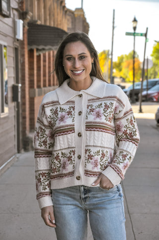 Cream Vintage Floral Jacquard Polo Cardigan Sweater