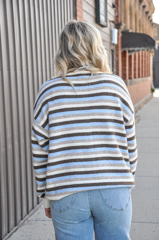 Cream & Blue Multi-Stripe Crewneck Cardigan