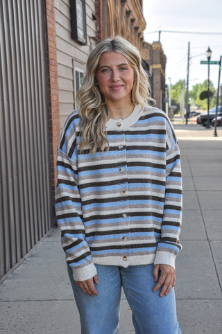 Cream & Blue Multi-Stripe Crewneck Cardigan