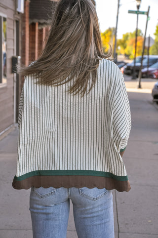 Cream & Hunter Green Striped Scallop Hem Button Front Blouse