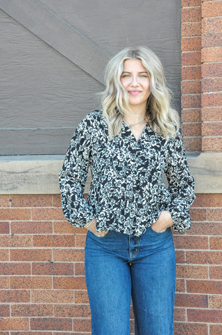 Cream and Black Floral Print Top