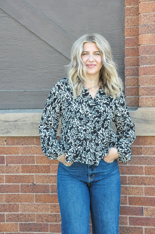 Cream and Black Floral Print Top