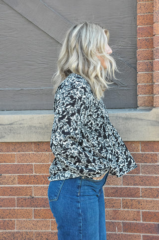 Cream and Black Floral Print Top