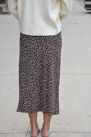 Brown Floral Bias Cut Midi Skirt