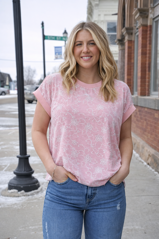 Crew Neck Floral Embroidered Top
