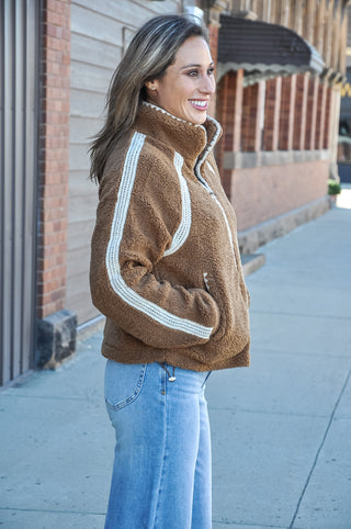 The Crochet Trim Zip Front Sherpa Fleece Jacket in Brown/Cream is the perfect cozy layer with a cute, elevated twist. 