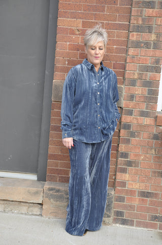 Crushed Velvet Slate Blue Button Down