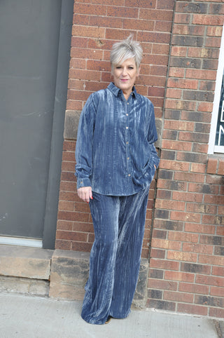 Crushed Velvet Slate Blue Button Down