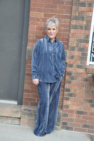 Crushed Velvet Slate Blue Button Down