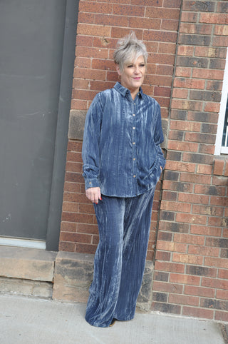 Crushed Velvet Slate Blue Button Down