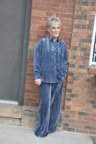 Crushed Velvet Slate Blue Button Down