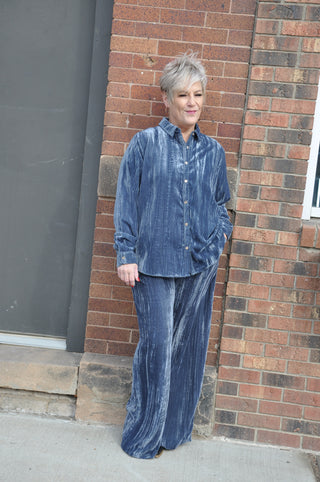 Crushed Velvet Slate Blue Button Down