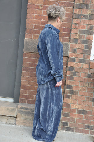 Crushed Velvet Slate Blue Button Down