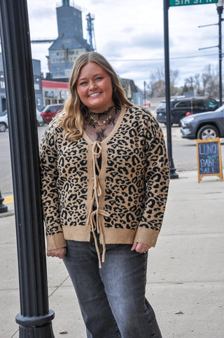 Curvy Animal Print Front Tie Cardigan