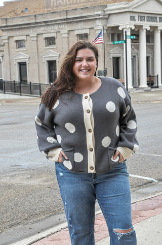Curvy Button-Down Polka Dot Cardigan