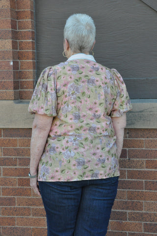 Curvy Floral Contrast Stripe Top