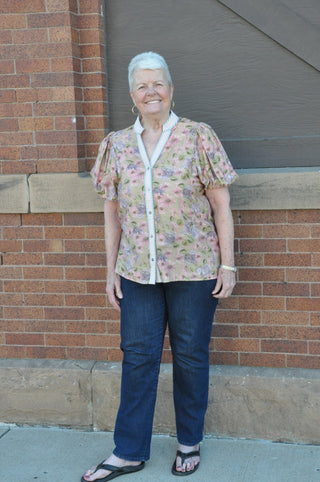 Curvy Floral Contrast Stripe Top