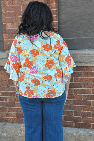 Curvy Floral Ruffled Bell Sleeve Top