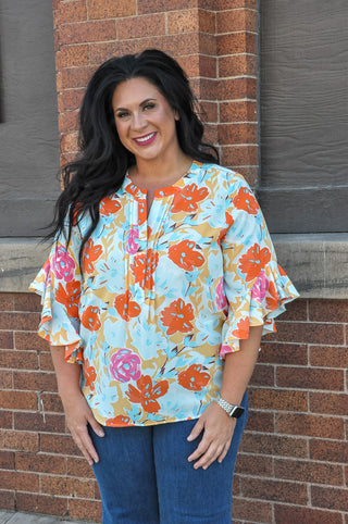 Curvy Floral Ruffled Bell Sleeve Top