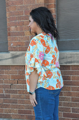 Curvy Floral Ruffled Bell Sleeve Top