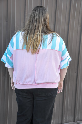 Curvy Flutter Sleeve Stripe French Terry Top