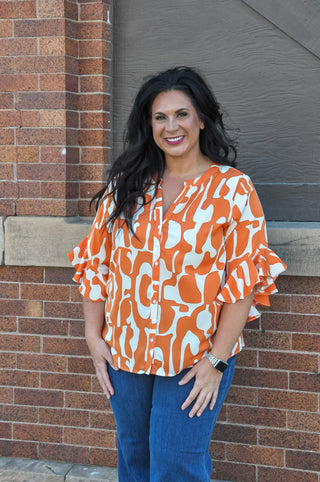 Curvy Geometric Ruffled Bell Sleeve Top