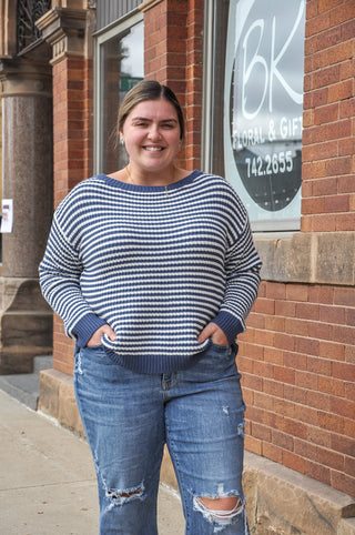 Curvy Lantern Sleeve Striped Boatneck Sweater