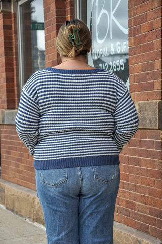 Curvy Lantern Sleeve Striped Boatneck Sweater