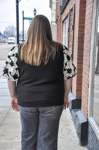 Curvy Mix Media Embroidered Sleeve Top