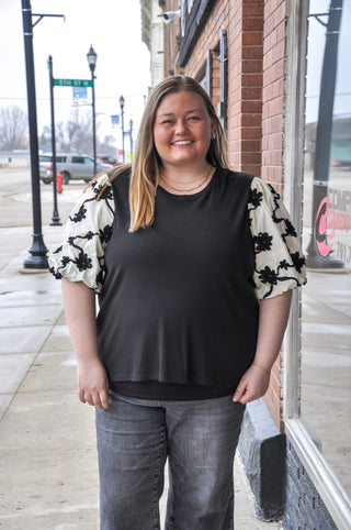 Curvy Mix Media Embroidered Sleeve Top